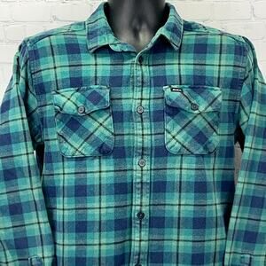 RVCA That'll Work Flannel Button Front Shirt M Medium Green Plaid Pockets Cotton